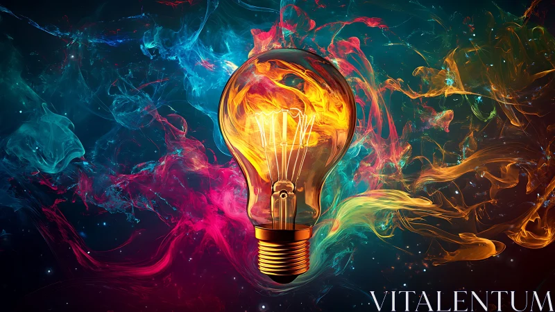 Incandescent glass bulb amid swirling cosmic pigment clouds.