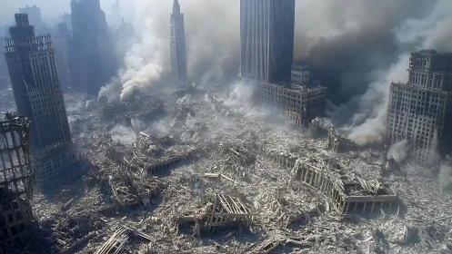 Shattered city district lies in ruins beneath choking smoke