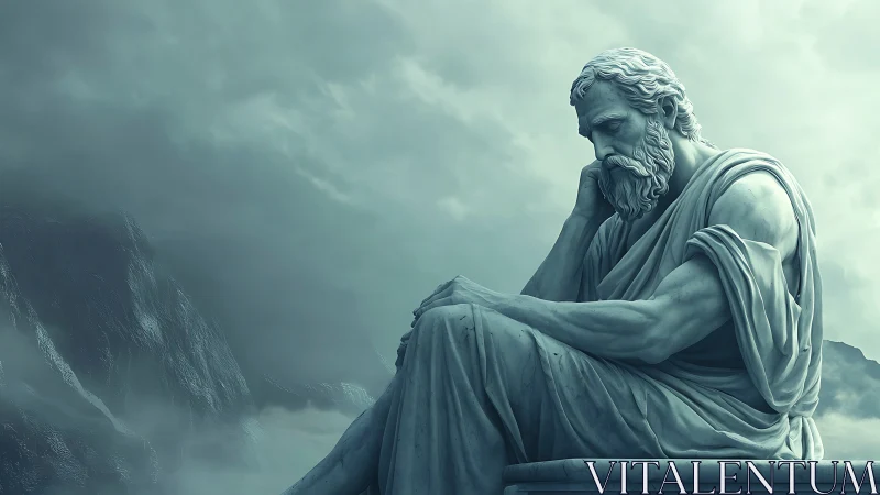 Monumental marble philosopher rendered in moody alpine atmosphere
