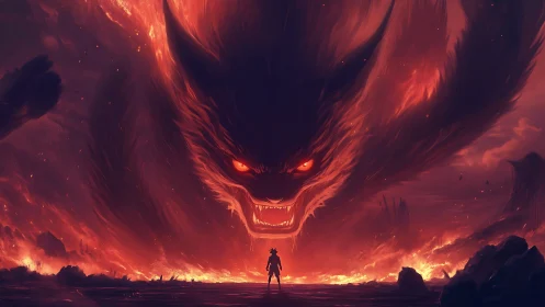 Lone warrior confronts colossal fiery demon wolf in inferno