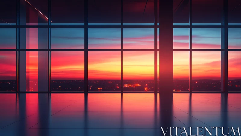 Panoramic glass atrium frames high-saturation urban sunset