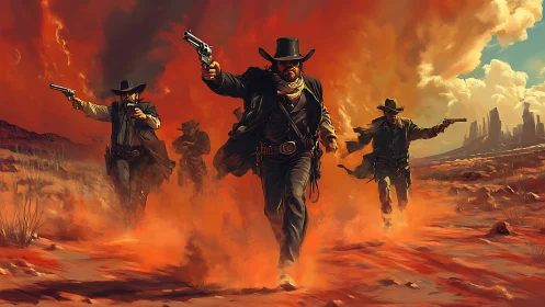Cowboys run through desert dust clouds with drawn revolvers