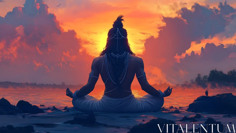 Backlit yogic silhouette in chromatic sunset atmospheric field.