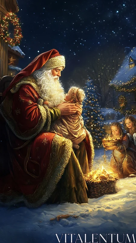 Digital painting of Santa in warm nocturnal Christmas tableau.