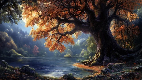 Large riverside tree in dense forest during autumn light.