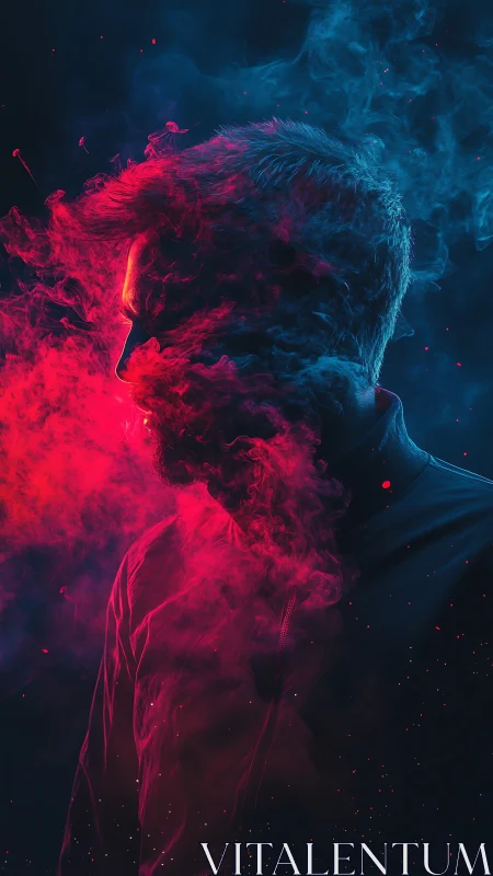 Shrouded profile in neon smoke and dual red blue glow.