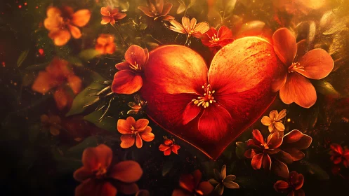 Radiant Heart Enveloped in Luminous Floral Composition with Warm Atmospheric Light