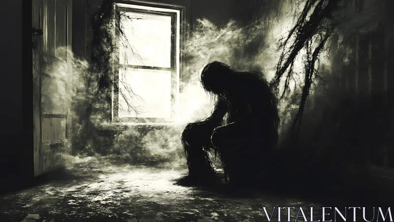 Shadowed figure pauses in a haunting room of swirling mist