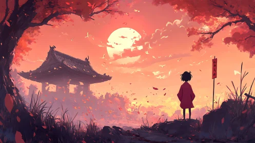 Autumn shrine vista with silhouetted child under vermilion sky.