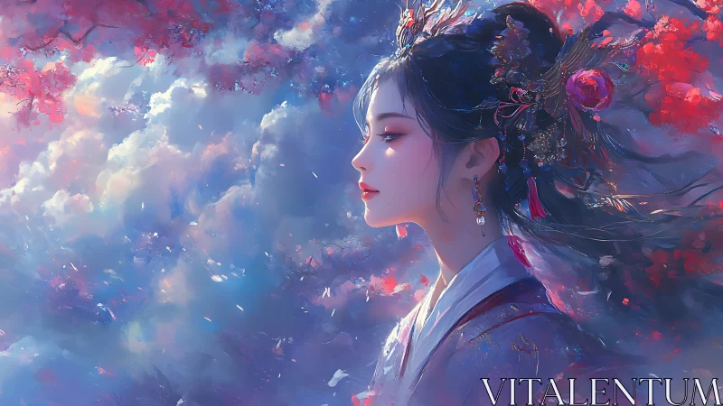 Side-profile portrait of ethereal hanfu maiden in blooming clouds