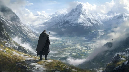 Solitary cloaked figure surveys expansive alpine valley