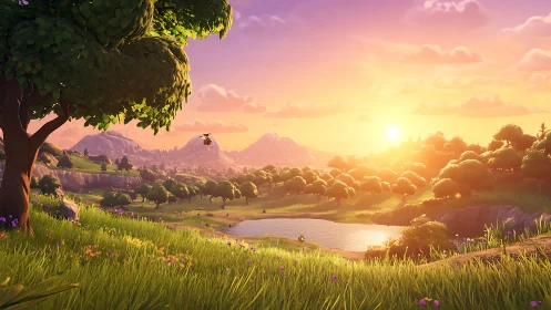 Golden sunset bathes stylized hills and lake in warm light