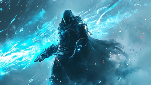 Shrouded cyber warrior amid explosive blue energy storm.