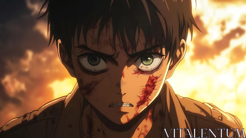 Fierce anime hero stands tall against a burning sky.