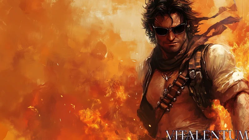 Rugged action hero in flames with stylized orange backdrop.
