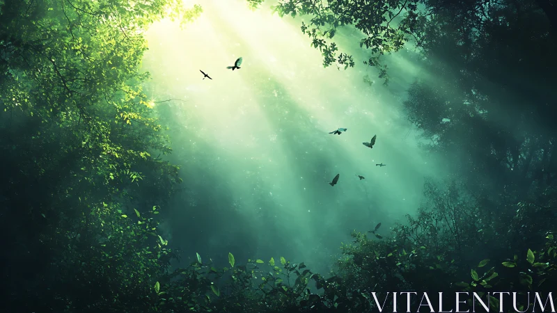 Emerald forest canopy pierced by radiant morning light.
