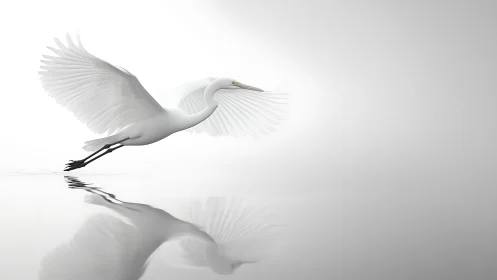 White heron in flight skims mirror-still water in serene mist.