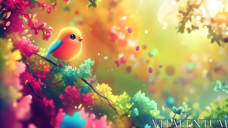 Chromatic passerine perched among bioluminescent flora clusters.