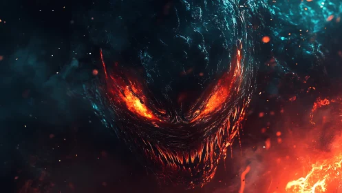 Lava grin in the void, a molten nightmare mid-smolder.