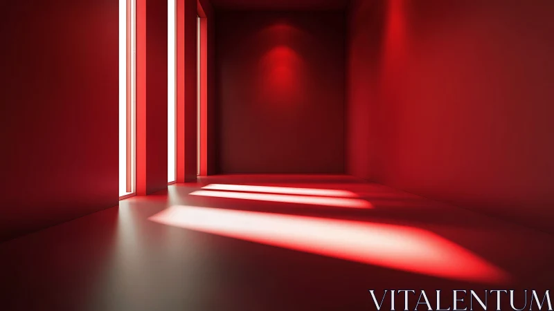 Minimalist red room holds sharp linear window light beams