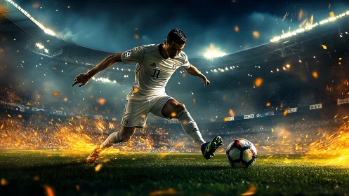 Blazing stadium striker bending fire and starlight around.