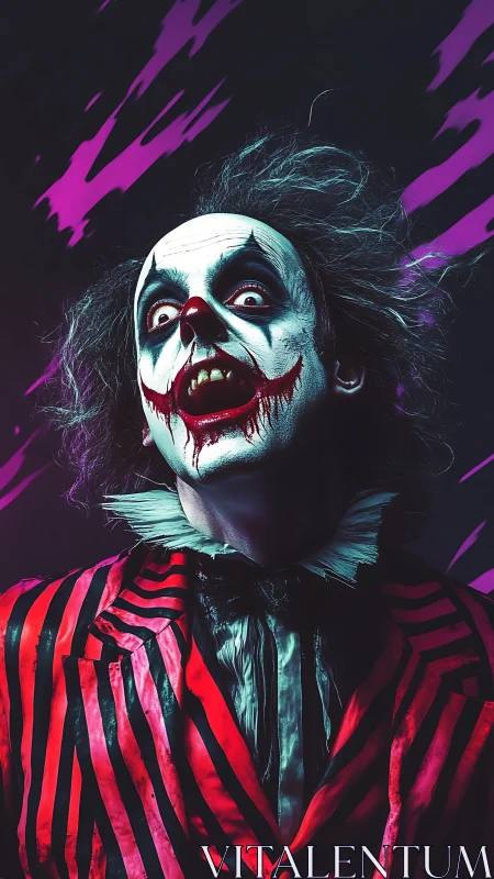 Clown figure with striped suit and smeared face makeup.