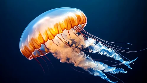 Orange jellyfish side profile in deep blue water column.