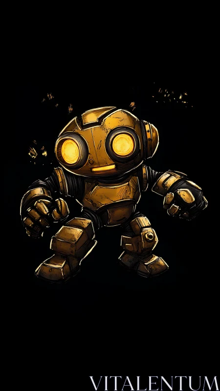 Glowing golden robot buddy stepping from the shadows.