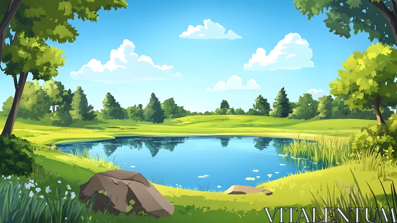 Sunlit pond mirrors summer clouds in gentle green valley.