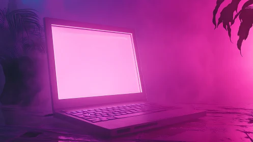Laptop with blank screen under pink and purple neon light.