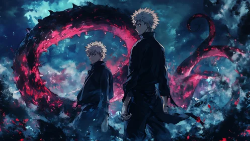 Dual figures before red serpentine energy arcs at night.