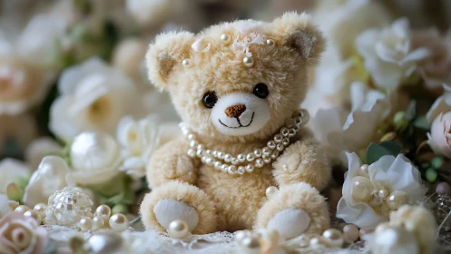 Plush teddy bear with pearls among soft white flowers.