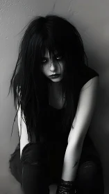 High-contrast monochrome portrait of goth girl with intense gaze