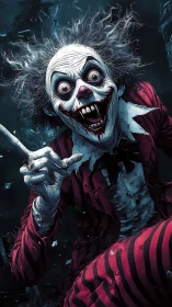 Wild-eyed striped clown leaping from a midnight nightmare.
