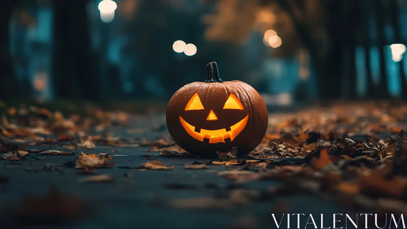 Lantern grin glows along a leaf-strewn Halloween pathway.