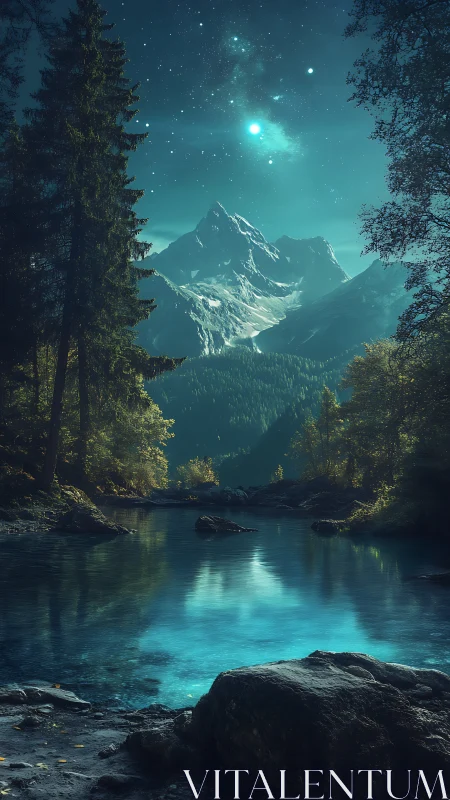 Moonlit alpine lake mirrors icy peaks under teal sky.