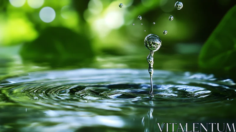 Macro water droplet splash forms reflective liquid column midair