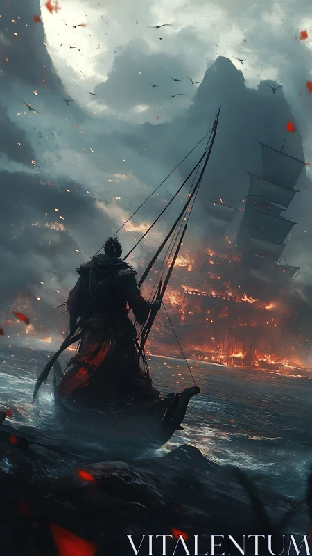 Lone dark sailor watches burning fortress under full moon.