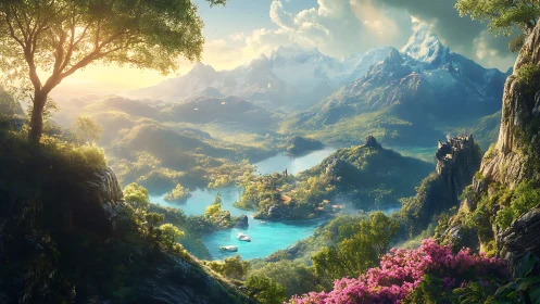 Luminous alpine valley with lakes, citadel, and floral escarpments.