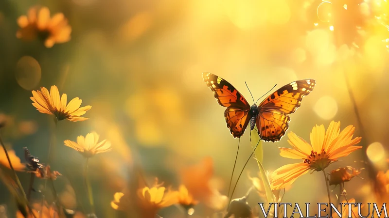 Backlit monarch butterfly hovering above orange daisies at sunset