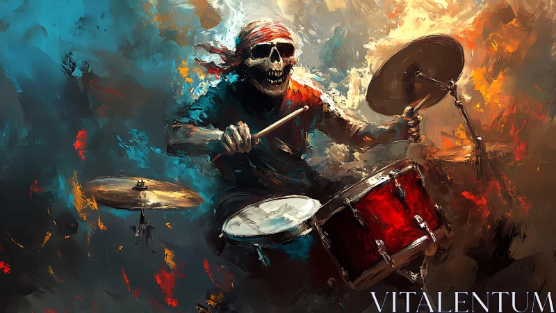 Skull-faced drummer unleashes fiery beats in vivid chaos