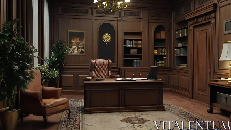 Traditional wood paneled executive office interior with desk.
