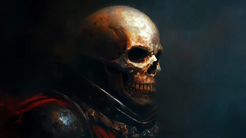 Weathered human skull in armor is rendered in profile view
