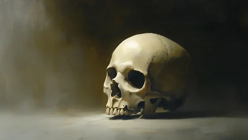 Forensic cranial still life under chiaroscuro spectral lighting.