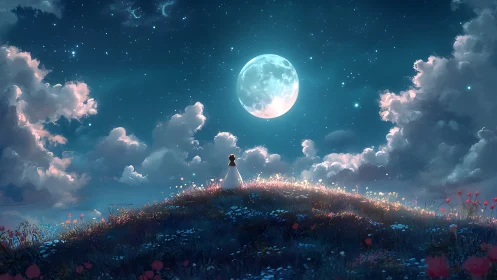 Girl on moonlit hill under stars and drifting clouds.