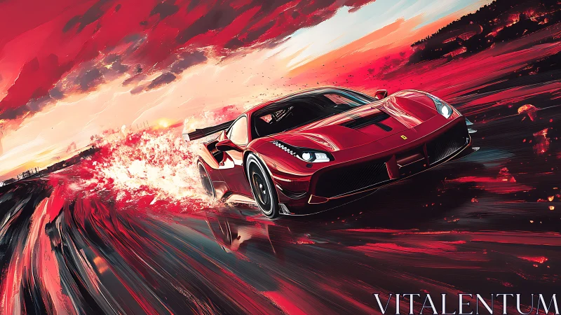 Crimson supercar racing through a wild painted sunset storm.