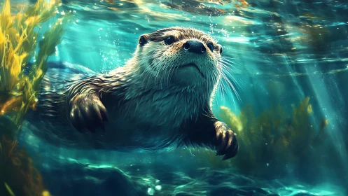 Otter glides through teal sunlit waters in playful grace.