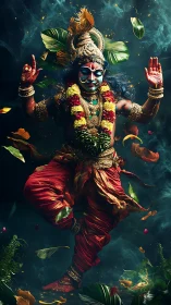 Figure in traditional Hindu attire performs dynamic dance pose