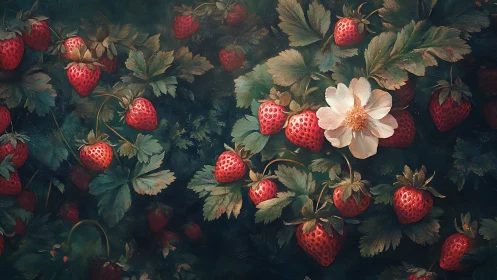 Strawberry plants with single white blossom occupy the frame