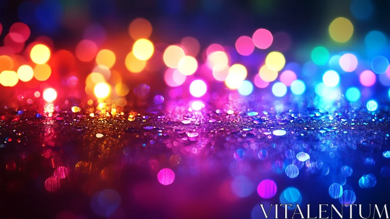 Defocused multicolor bokeh lights reflect on wet surface